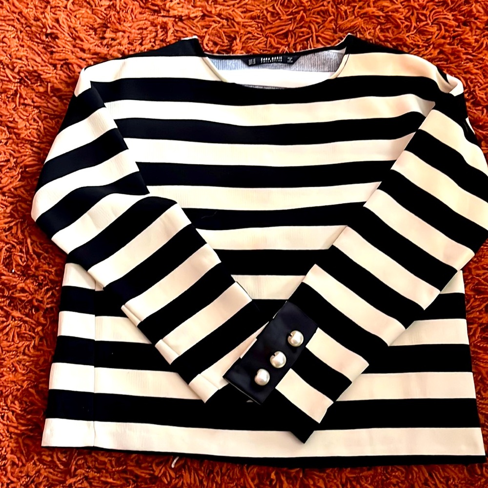 Black and white striped Zara blouse with pearls